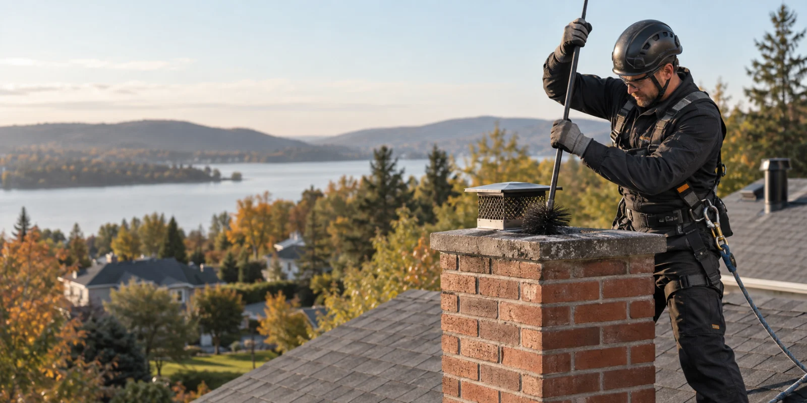 Illustration originale : un ramoneur nettoie une cheminée sur un toit au Québec